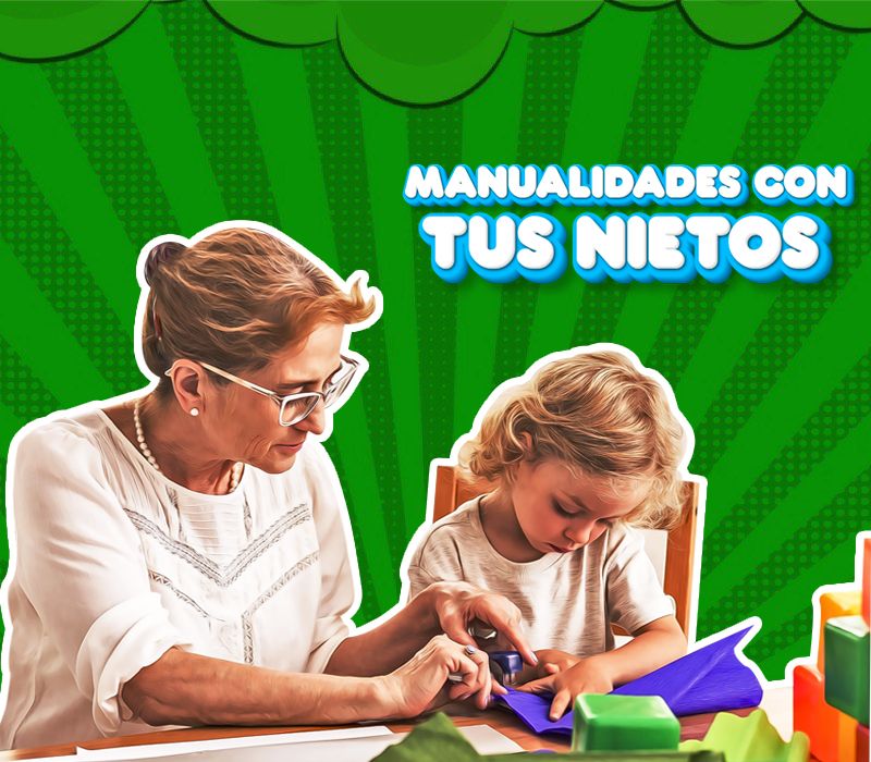 Ayuda de abuela a nieta Abuela y nieta haciendo manualidades con material reciclado