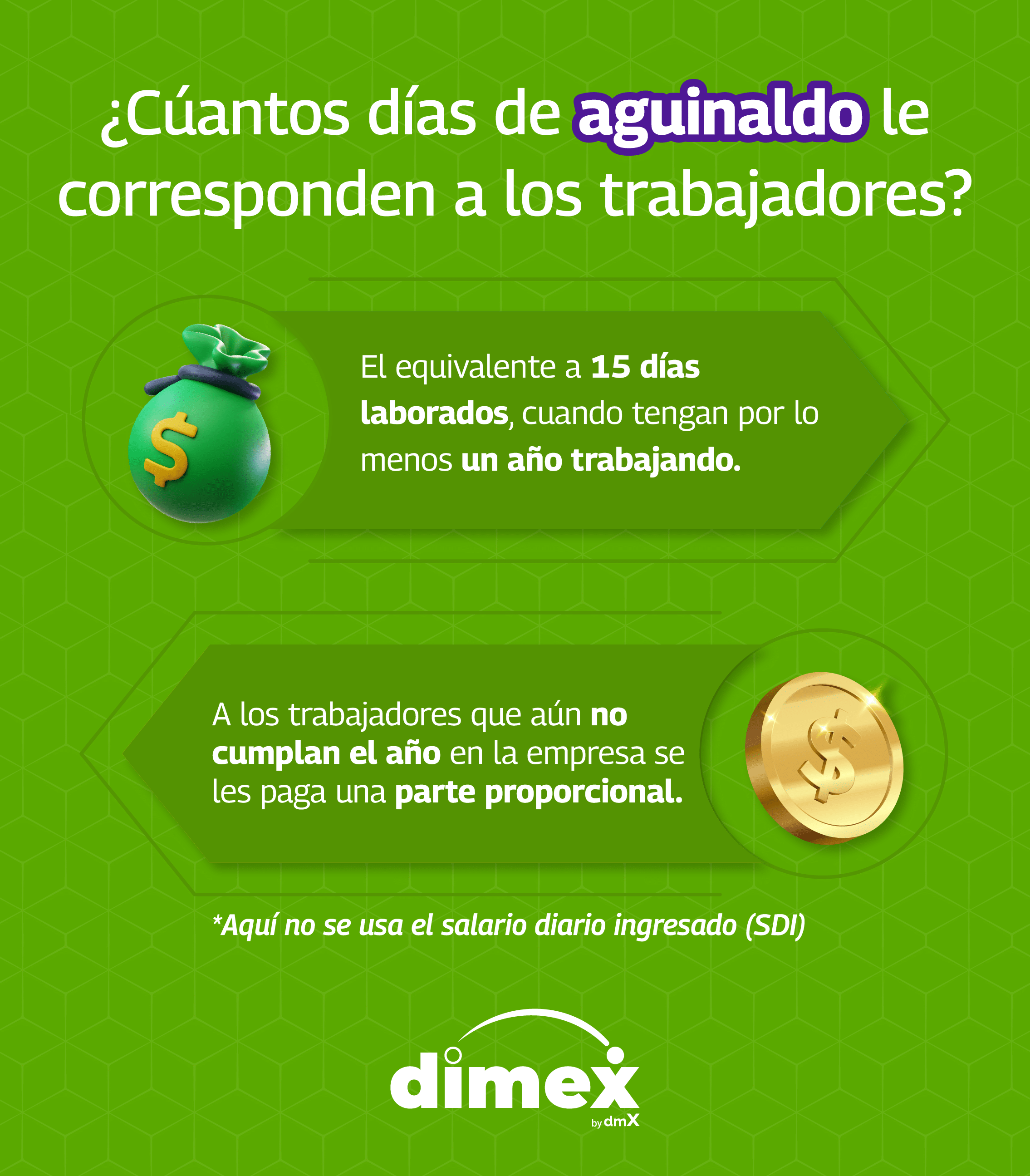 cuantos dias de aguinaldo le corresponde a los trabajadores Ya estamos a mitad de año y la fecha para recibir tu aguinaldo 2023 se acerca cada vez más. En dimex te ayudamos a prepararte.