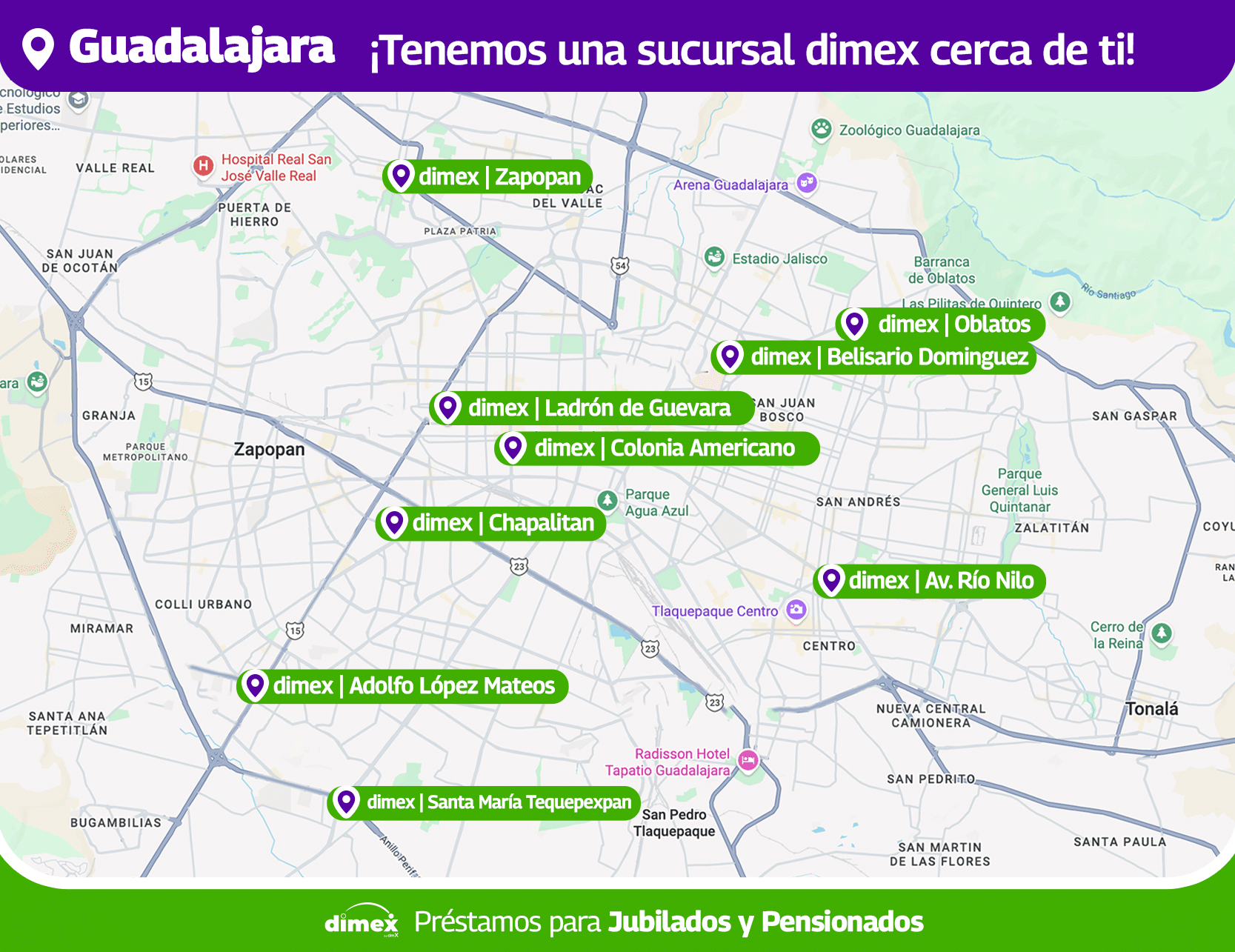 Mapa de Sucursales Dimex en Guadalajara