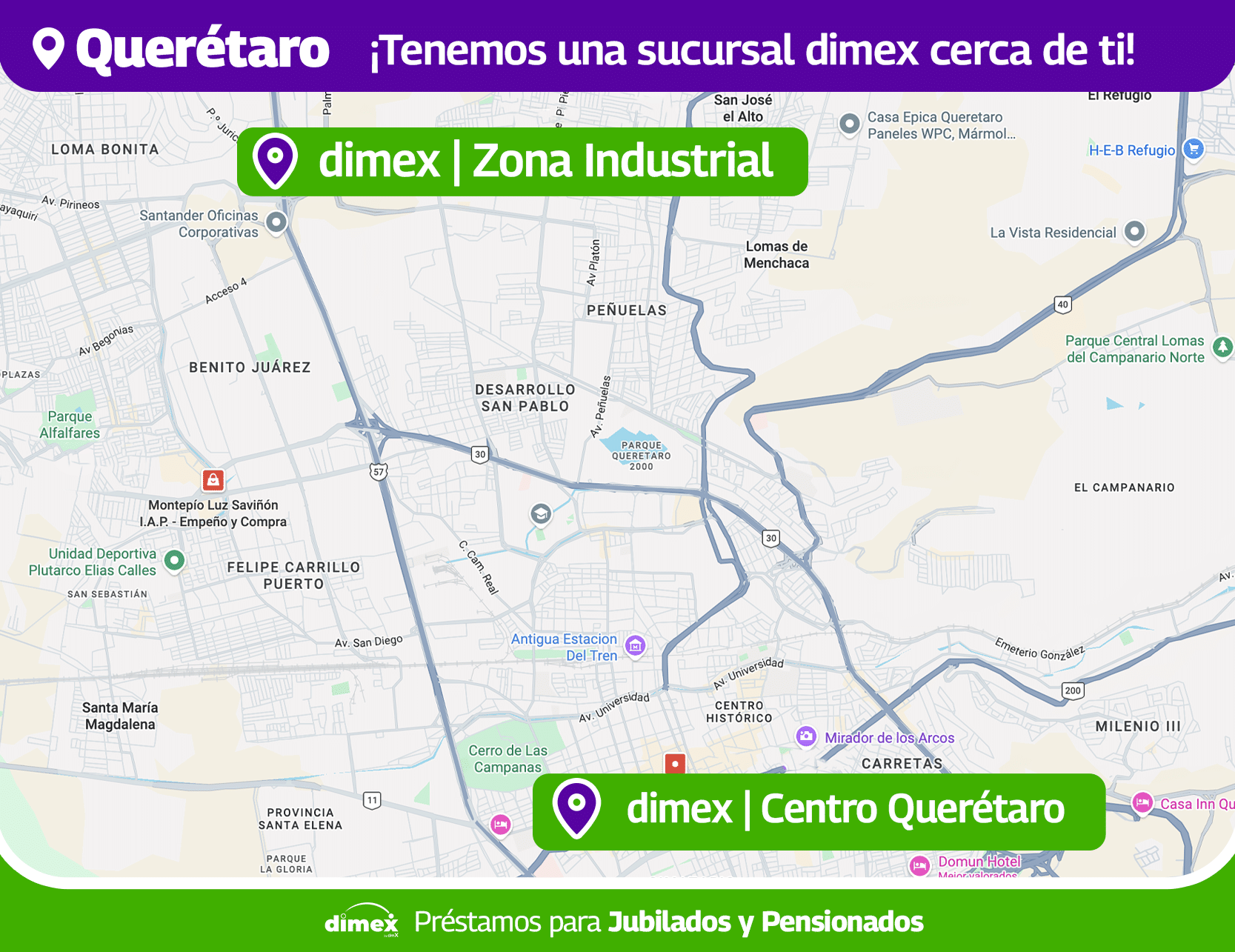Mapa de Sucursales Dimex en Querétaro