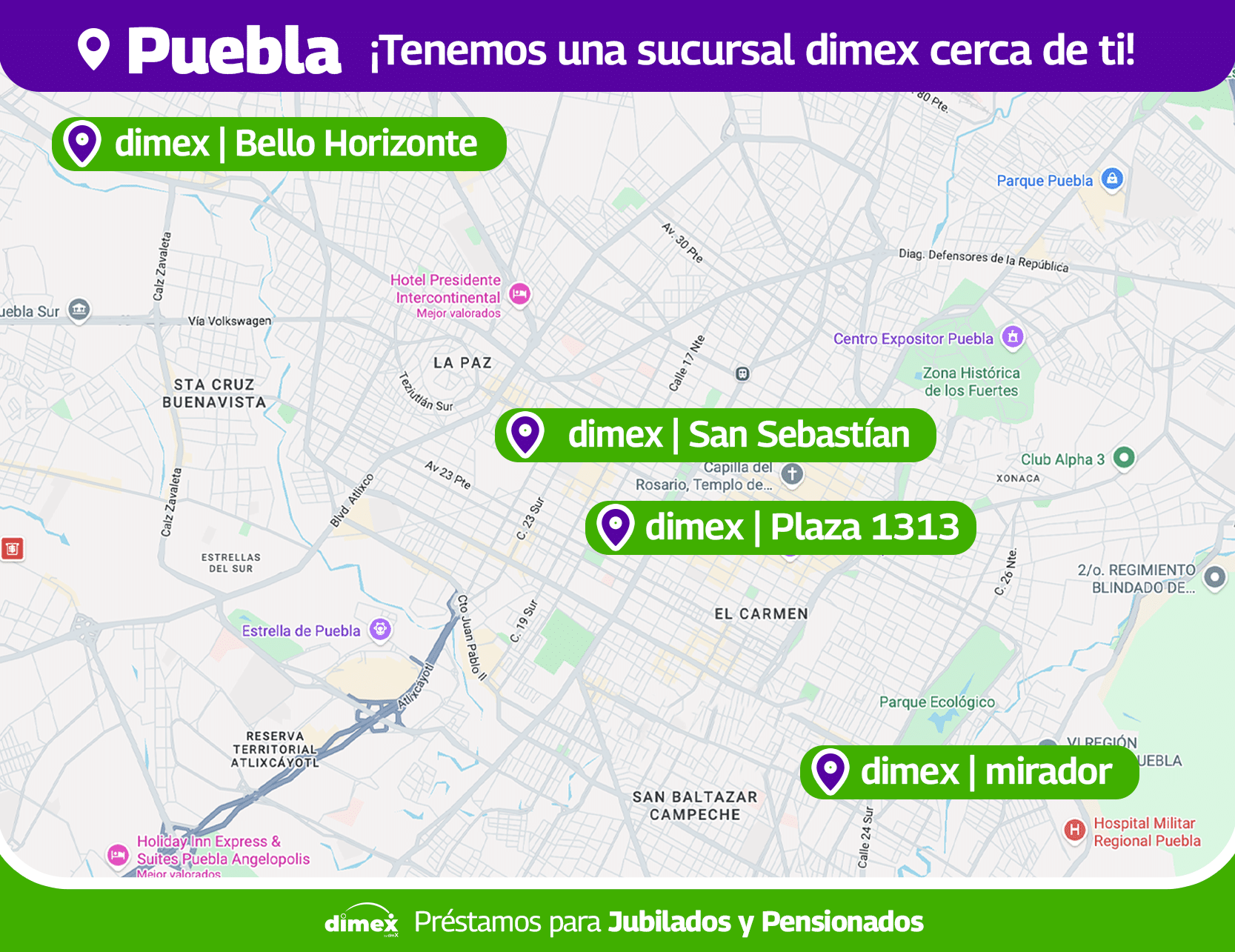 Mapa de Sucursales Dimex en Puebla