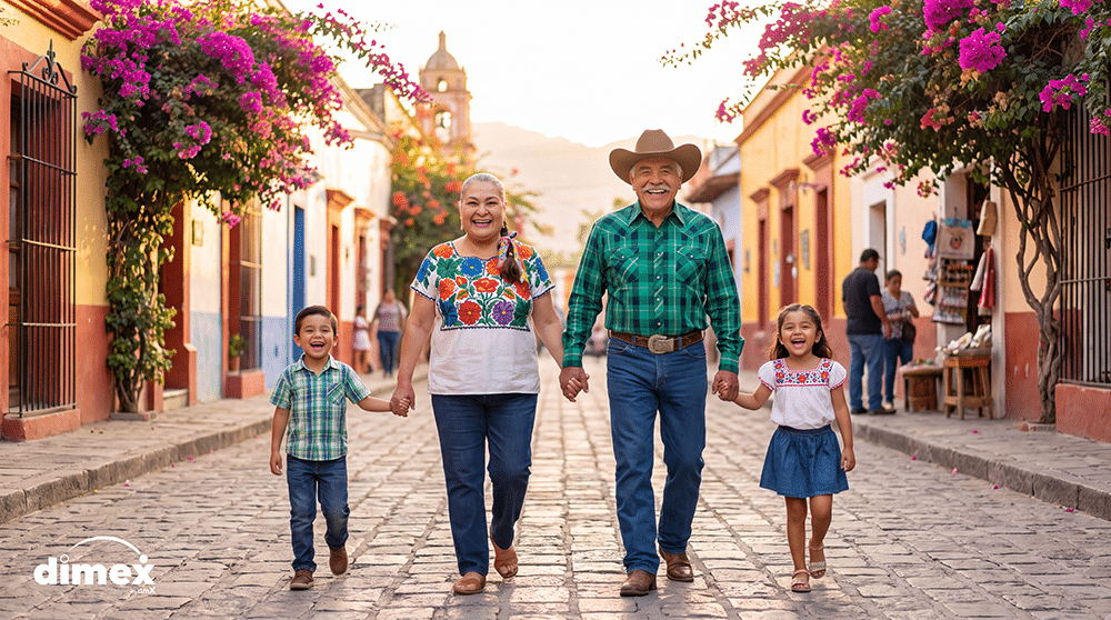 Abuelos y nietos caminando en pueblo mágico